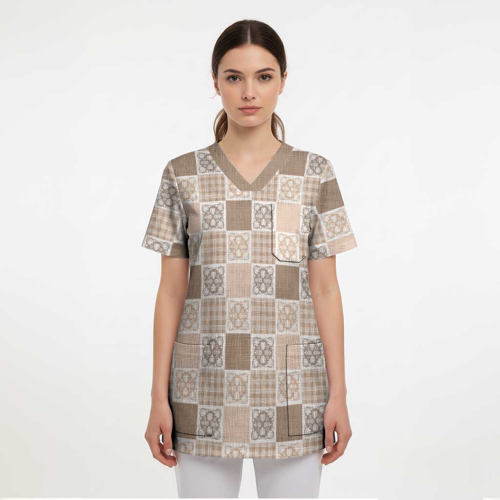 Hawaiian Palaka Quilt Pattern Scrub Top Hawaii Culture Tropical Flowers Mix LT9 - Polynesian Pride