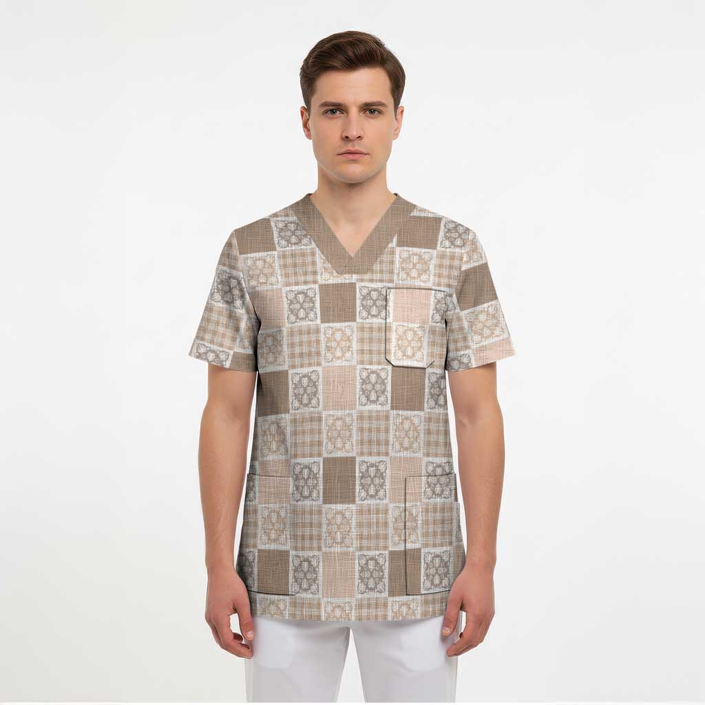 Hawaiian Palaka Quilt Pattern Scrub Top Hawaii Culture Tropical Flowers Mix LT9 - Polynesian Pride