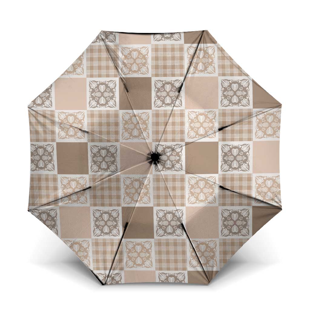 Hawaiian Palaka Quilt Pattern Umbrella Hawaii Culture Tropical Flowers Mix LT9 One Size Folded 11.42 inch Opened Diameter 37.4 inch Beige - Polynesian Pride
