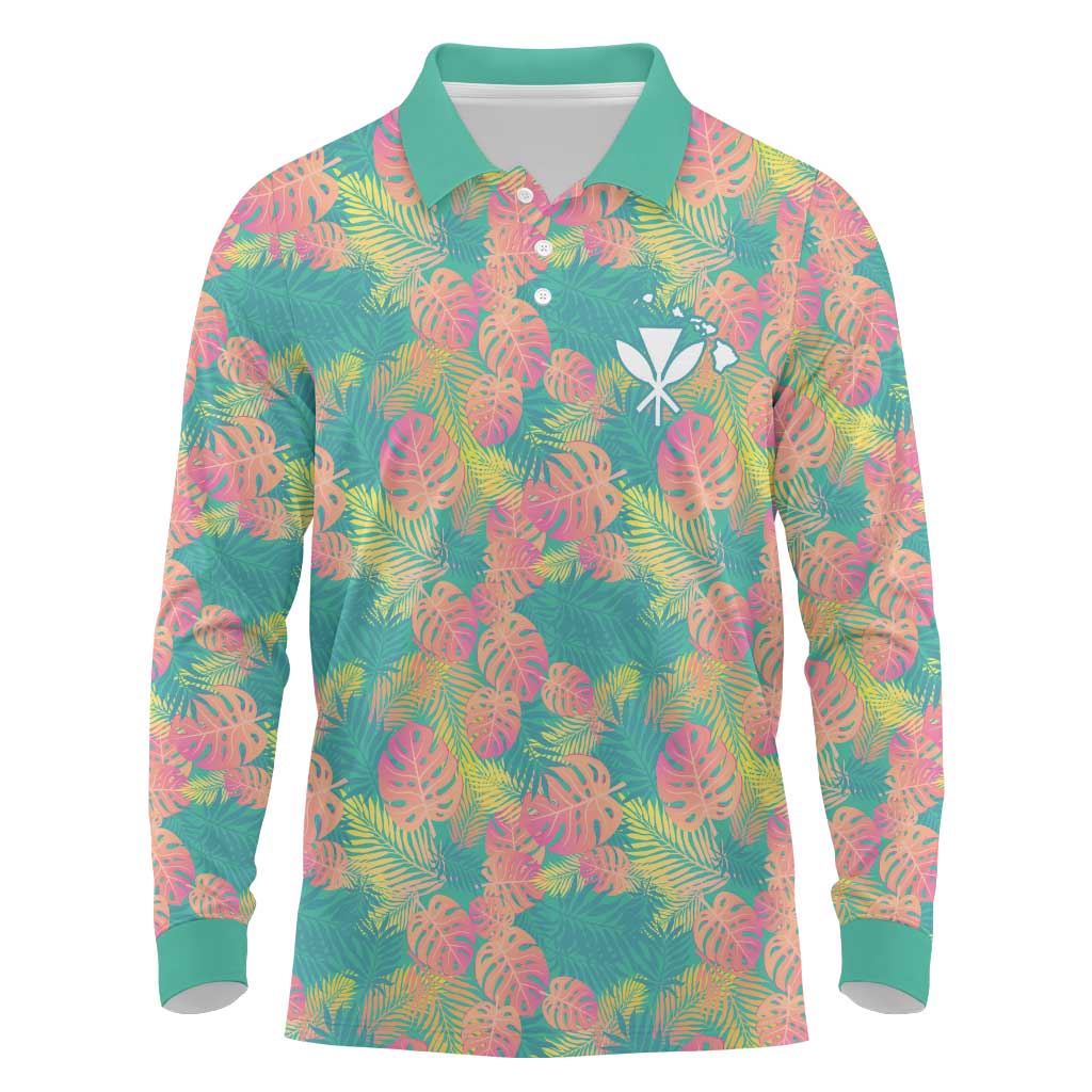 Personalised Seamless Hawaiian Quilt Pattern Long Sleeve Polo Shirt Hawaii Culture Palm Leaf Tropical LT9 Beige - Polynesian Pride