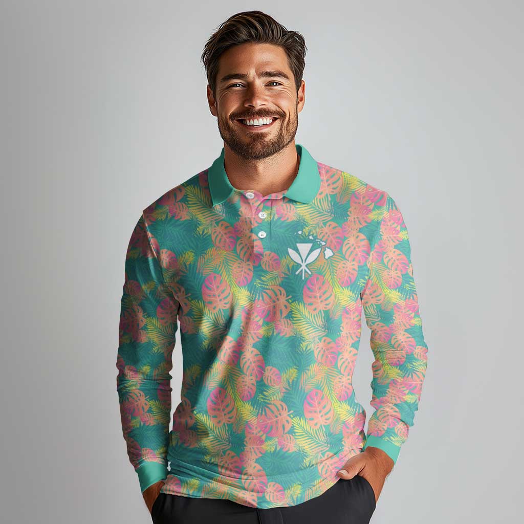 Personalised Seamless Hawaiian Quilt Pattern Long Sleeve Polo Shirt Hawaii Culture Palm Leaf Tropical LT9 - Polynesian Pride
