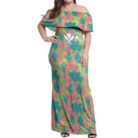 Personalised Seamless Hawaiian Quilt Pattern Off Shoulder Maxi Dress Hawaii Culture Palm Leaf Tropical LT9 Women Beige - Polynesian Pride