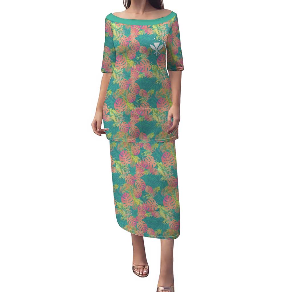 Personalised Seamless Hawaiian Quilt Pattern Puletasi Hawaii Culture Palm Leaf Tropical LT9 Long Dress Beige - Polynesian Pride
