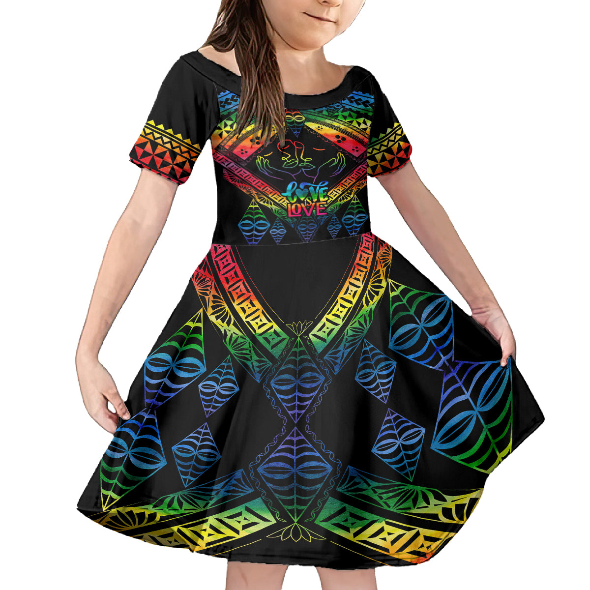 Tonga LGBT Kid Short Sleeve Dress Love Is Love Ngatu Rainbow Water Color LT9 KID Black - Polynesian Pride