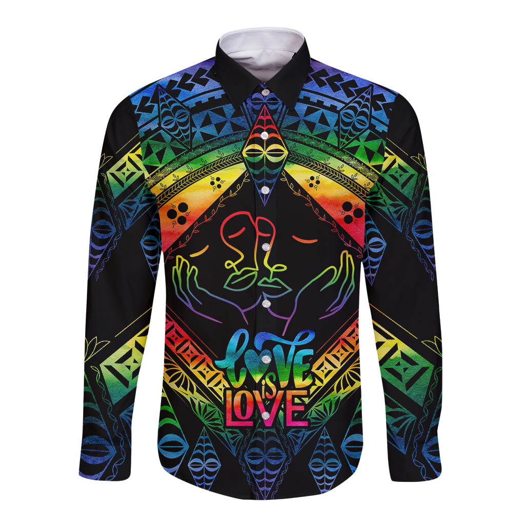 Tonga LGBT Long Sleeve Button Shirt Love Is Love Ngatu Rainbow Water Color LT9 Unisex Black - Polynesian Pride