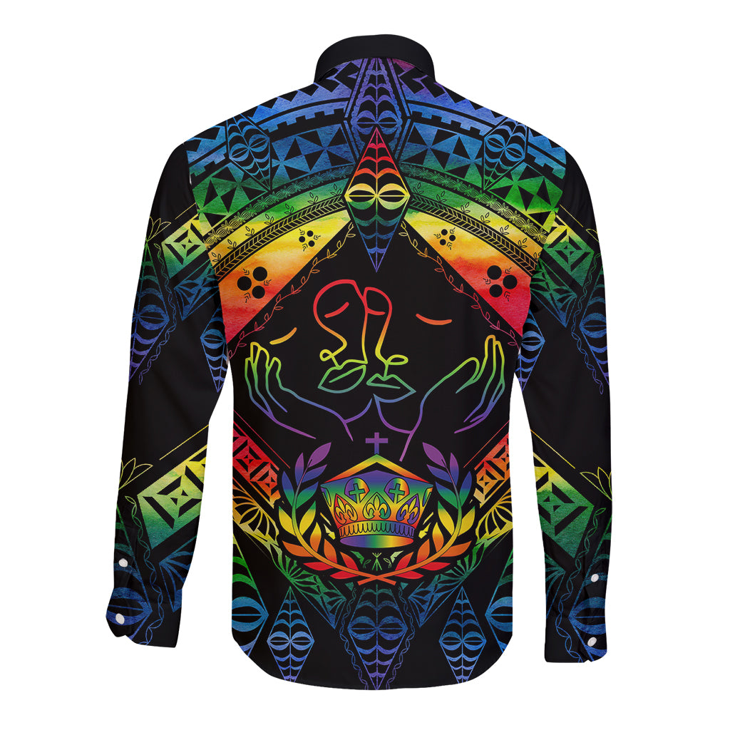 Tonga LGBT Long Sleeve Button Shirt Love Is Love Ngatu Rainbow Water Color LT9 - Polynesian Pride