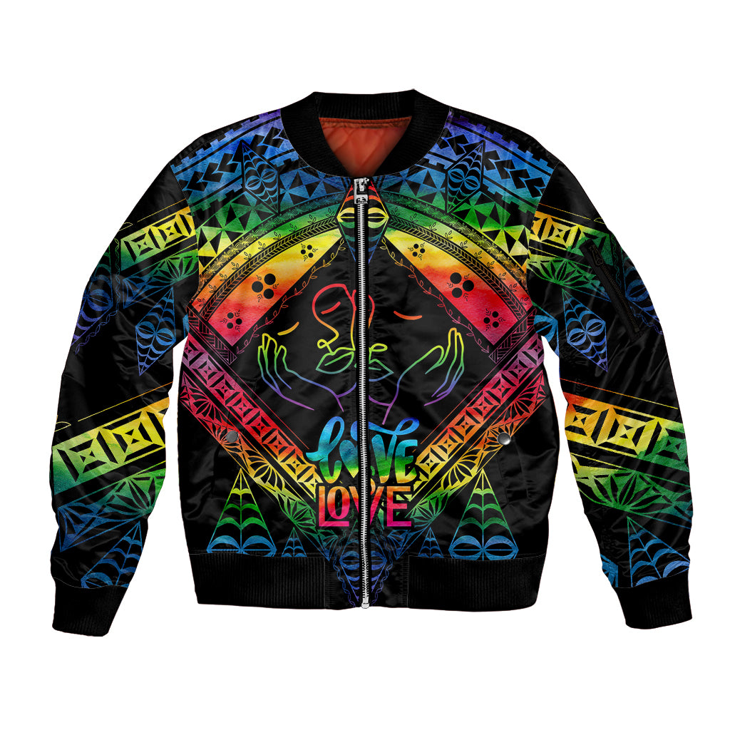 Tonga LGBT Sleeve Zip Bomber Jacket Love Is Love Ngatu Rainbow Water Color LT9 Unisex Black - Polynesian Pride