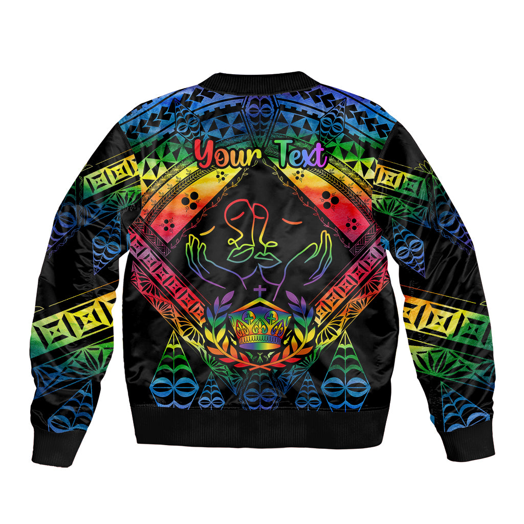 Personalised Tonga LGBT Bomber Jacket Love Is Love Ngatu Rainbow Water Color LT9 - Polynesian Pride