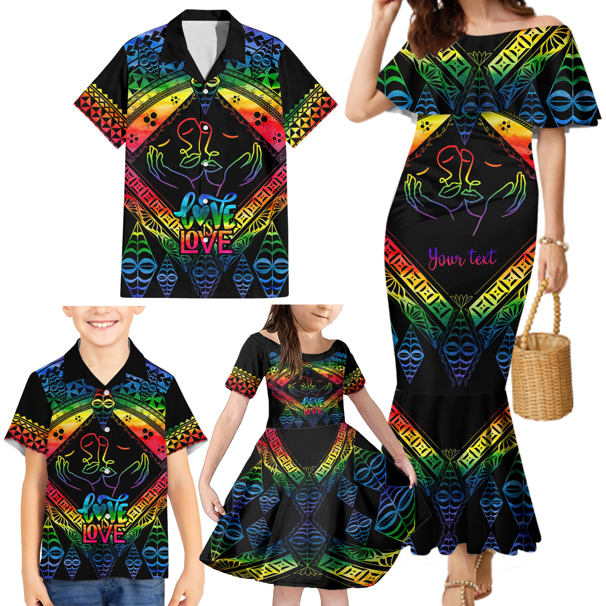 Personalised Tonga LGBT Family Matching Mermaid Dress and Hawaiian Shirt Love Is Love Ngatu Rainbow Water Color LT9 - Polynesian Pride