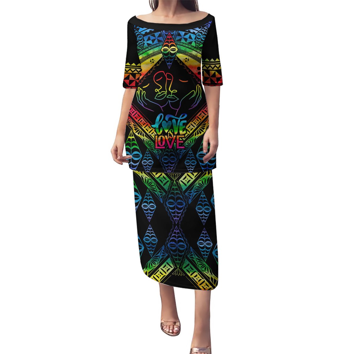 Personalised Tonga LGBT Puletasi Love Is Love Ngatu Rainbow Water Color LT9 Long Dress Black - Polynesian Pride