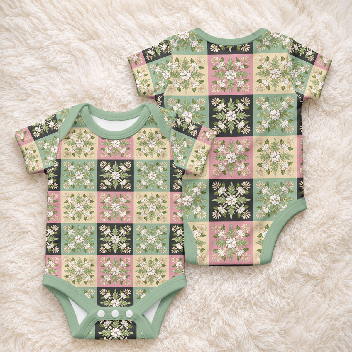 Seamless Pattern Maile and Pikake Lei Baby Onesie Squares Maile Leaf LT9 - Polynesian Pride