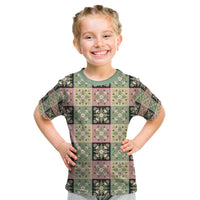 Seamless Pattern Maile and Pikake Lei Kid T Shirt Squares Maile Leaf LT9 Green - Polynesian Pride