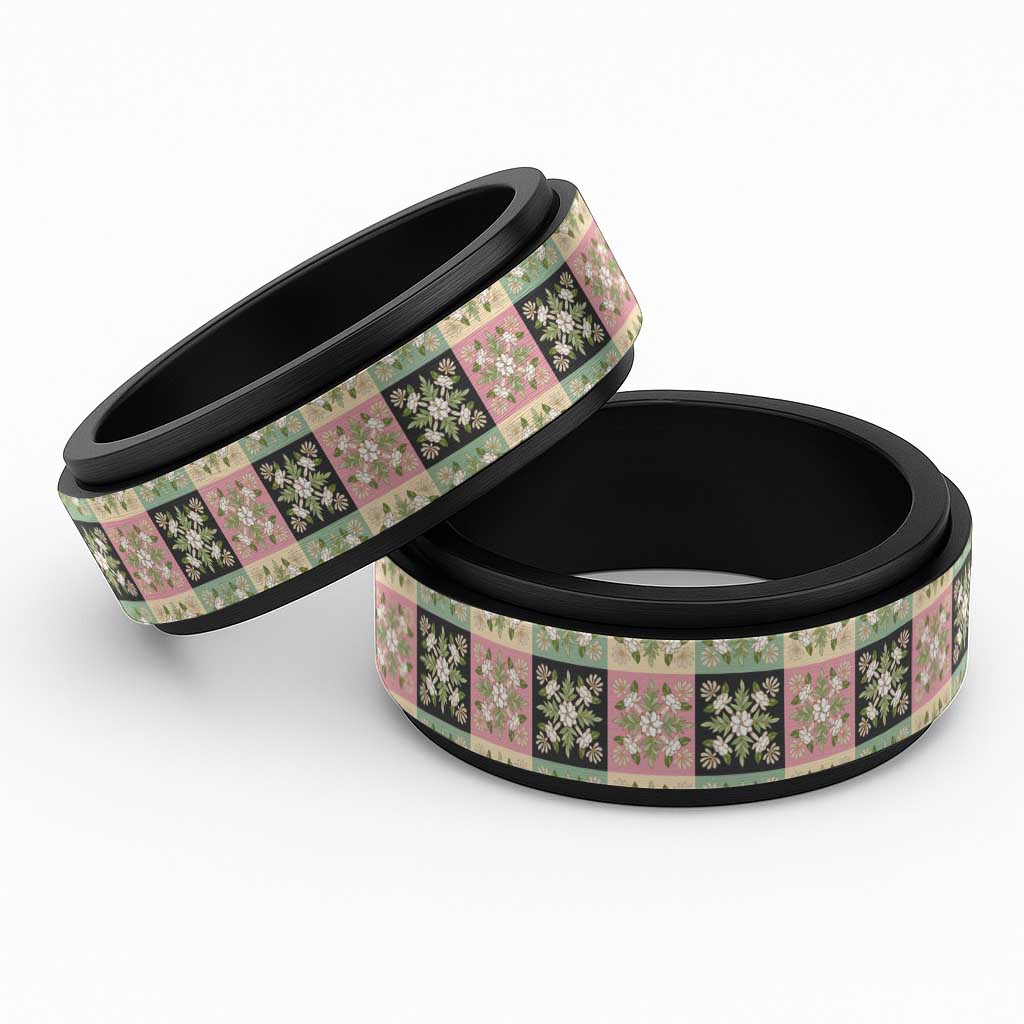 Seamless Pattern Maile and Pikake Lei Spinner Ring Squares Maile Leaf LT9 Black Green - Polynesian Pride