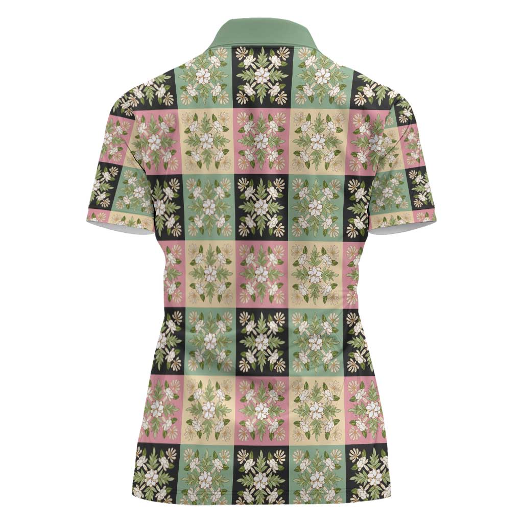 Seamless Pattern Maile and Pikake Lei Women Polo Shirt Squares Maile Leaf LT9 - Polynesian Pride