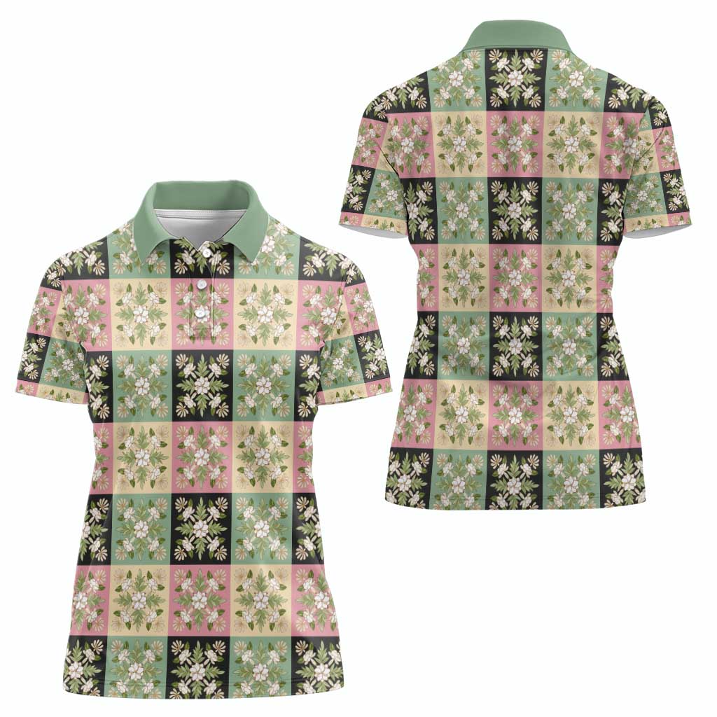 Seamless Pattern Maile and Pikake Lei Women Polo Shirt Squares Maile Leaf LT9 - Polynesian Pride