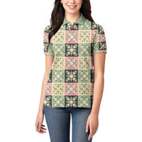 Seamless Pattern Maile and Pikake Lei Women Polo Shirt Squares Maile Leaf LT9 - Polynesian Pride