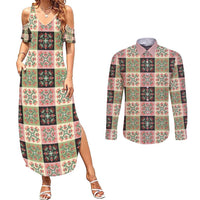 Seamless Pattern Pikake Lei Couples Matching Summer Maxi Dress and Long Sleeve Button Shirt Floral Squares Pikake LT9 Pink - Polynesian Pride