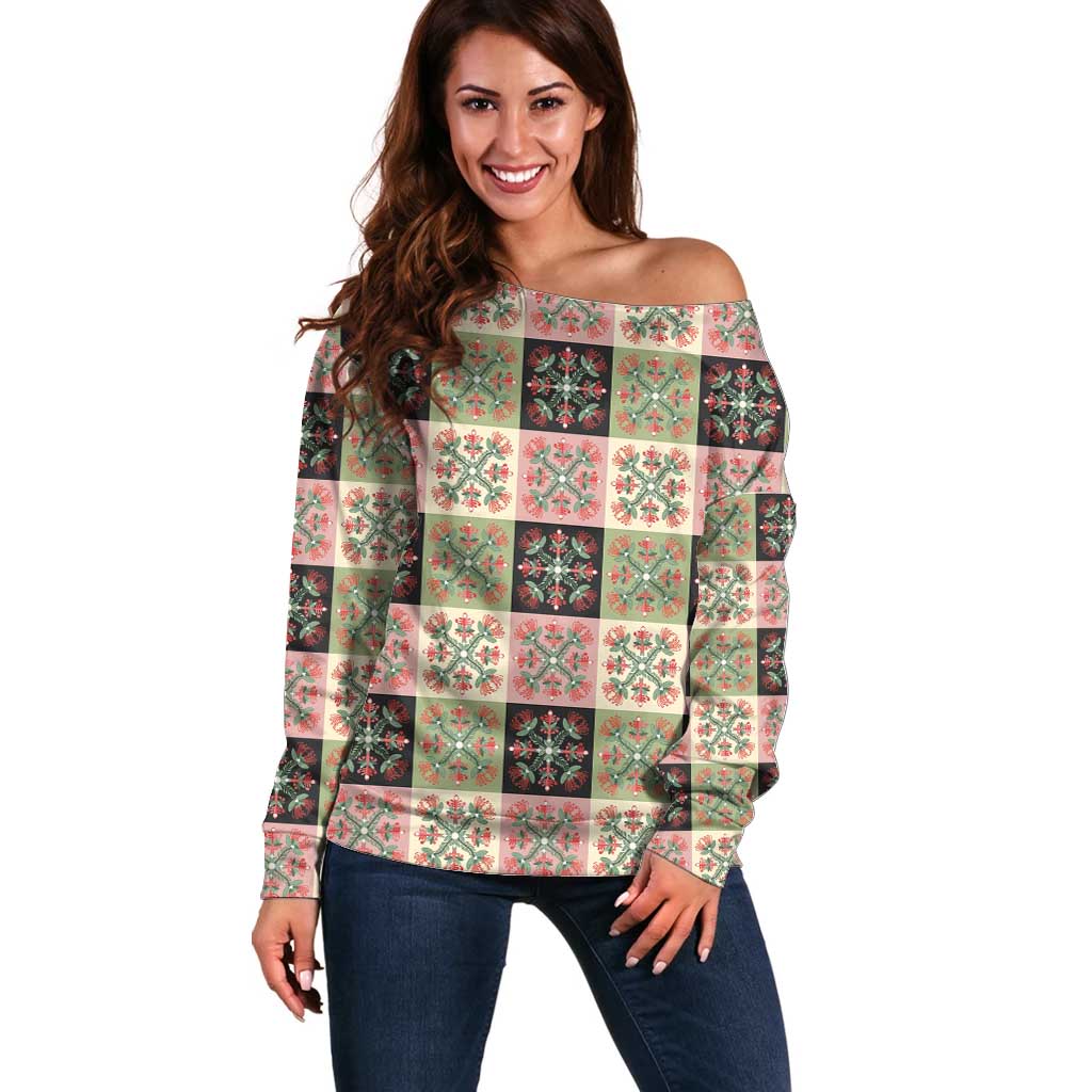Seamless Pattern Pikake Lei Off Shoulder Sweater Floral Squares Pikake LT9 Women Pink - Polynesian Pride