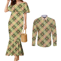Seamless Pattern Puakenikeni and Kalo Couples Matching Mermaid Dress and Long Sleeve Button Shirt LT9 Beige - Polynesian Pride