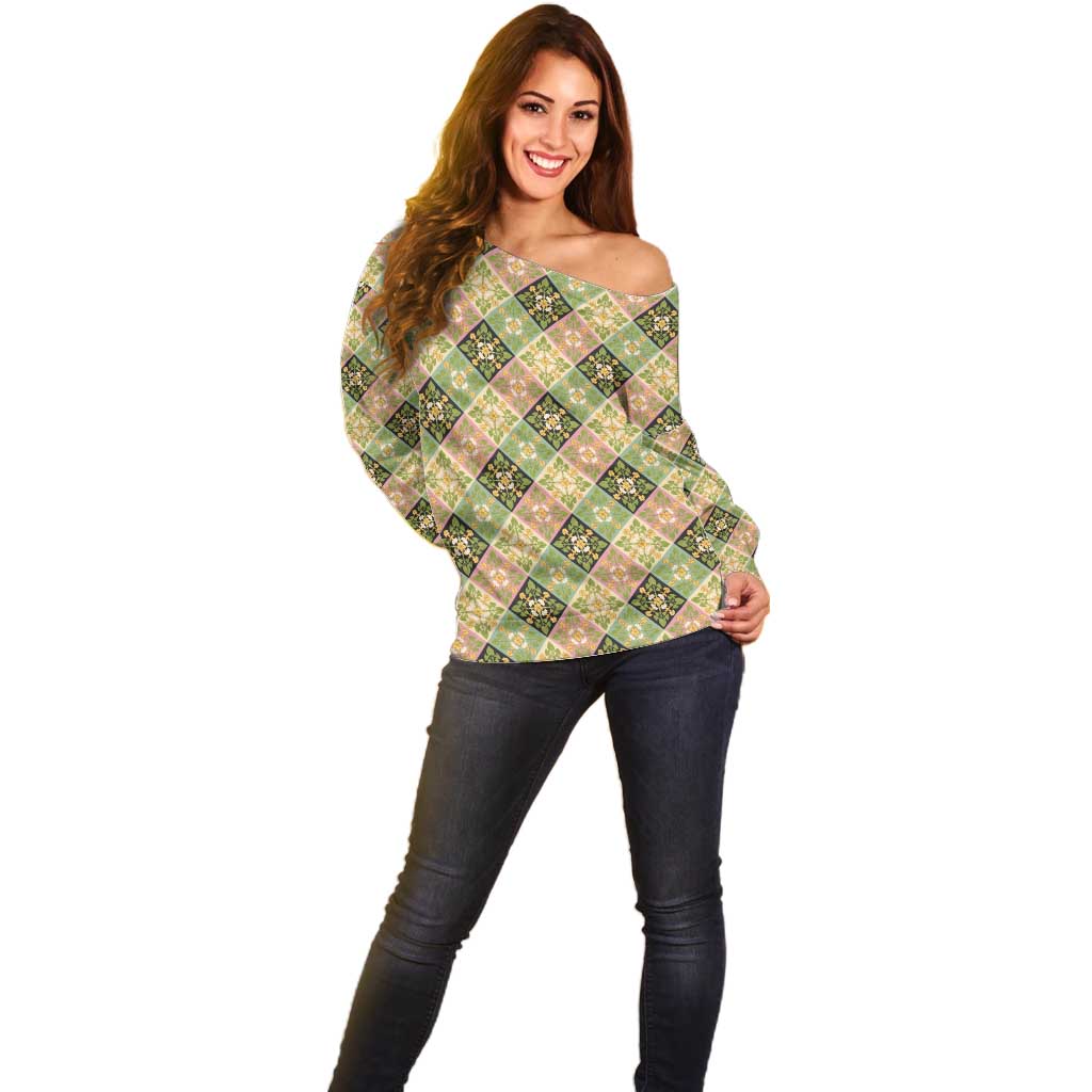 Seamless Pattern Puakenikeni and Kalo Off Shoulder Sweater LT9 - Polynesian Pride