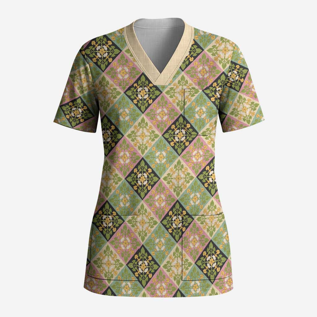 Seamless Pattern Puakenikeni and Kalo Scrub Top LT9 Adult Beige - Polynesian Pride