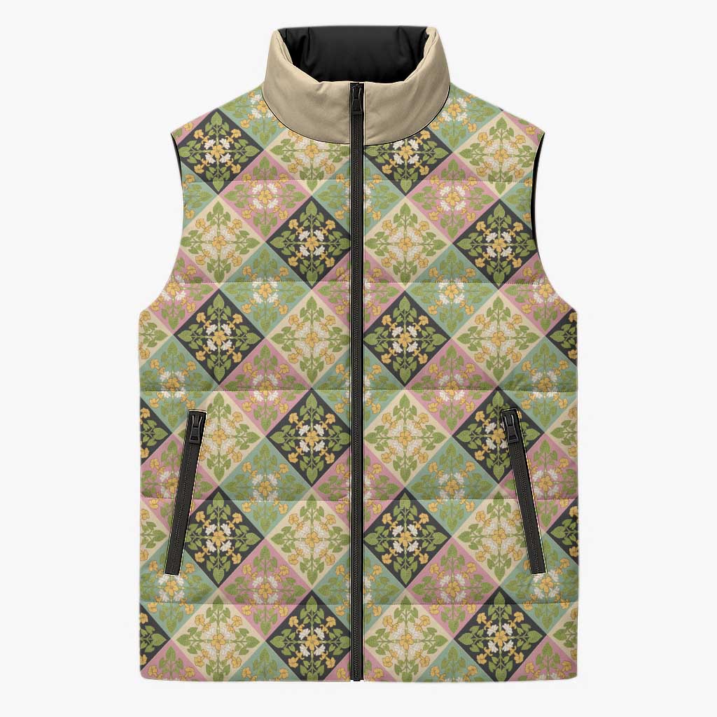 Seamless Pattern Puakenikeni and Kalo Sleeveless Puffer Jacket LT9 Unisex Beige - Polynesian Pride