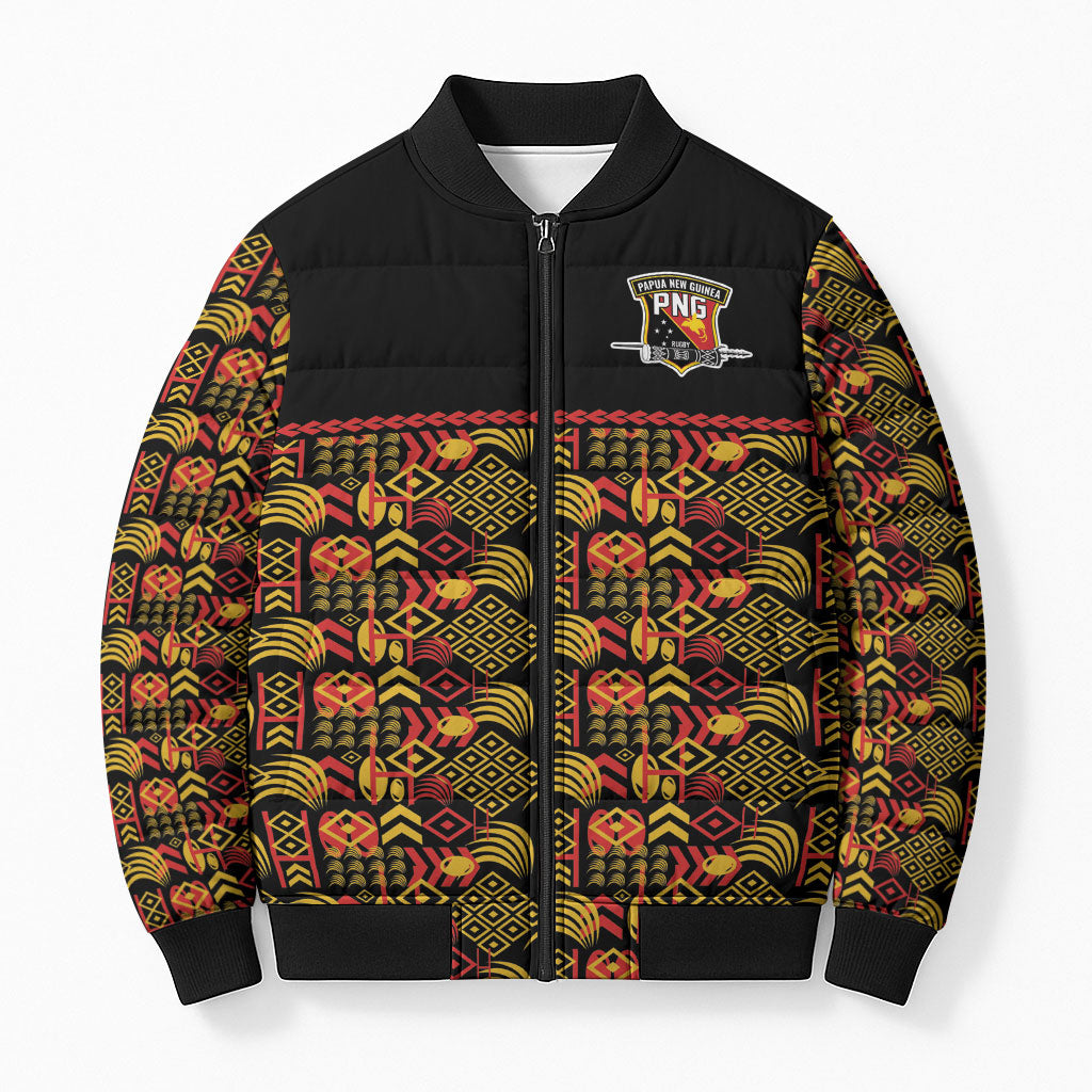 Papua New Guinea Kumuls Bomber Puffer Jacket Bird of Paradise Black Version LT9 Unisex Black - Polynesian Pride