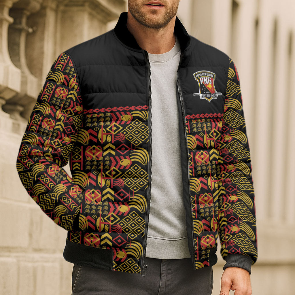 Papua New Guinea Kumuls Bomber Puffer Jacket Bird of Paradise Black Version LT9 - Polynesian Pride