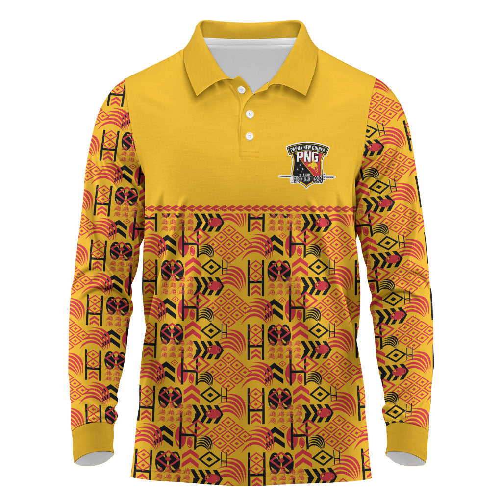 Papua New Guinea Kumuls Long Sleeve Polo Shirt Bird of Paradise Gold Version LT9 Gold - Polynesian Pride