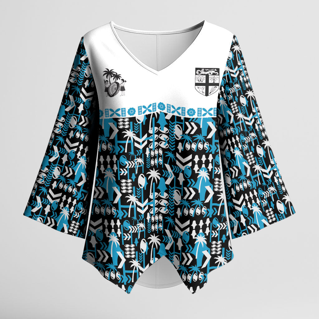 Fiji Bati Kimono Sleeve Blouse Bati Island Warrior Geometry LT9 Female Blue - Polynesian Pride