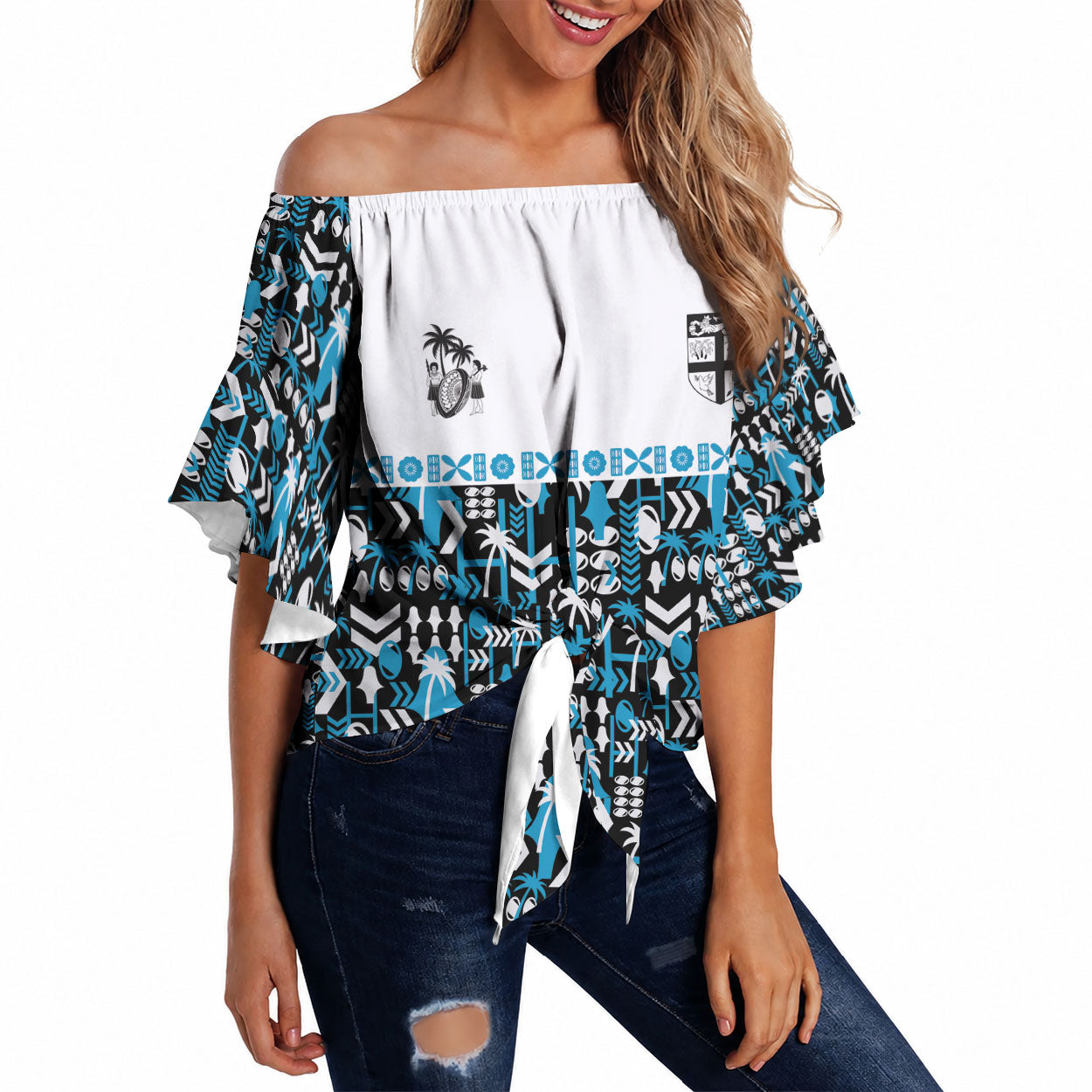 Fiji Bati Off Shoulder Wrap Waist Top Bati Island Warrior Geometry LT9 Blue - Polynesian Pride