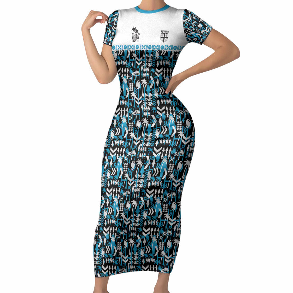 Fiji Bati Short Sleeve Bodycon Dress Bati Island Warrior Geometry LT9 Long Dress Blue - Polynesian Pride