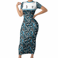 Fiji Bati Short Sleeve Bodycon Dress Bati Island Warrior Geometry LT9 Long Dress Blue - Polynesian Pride