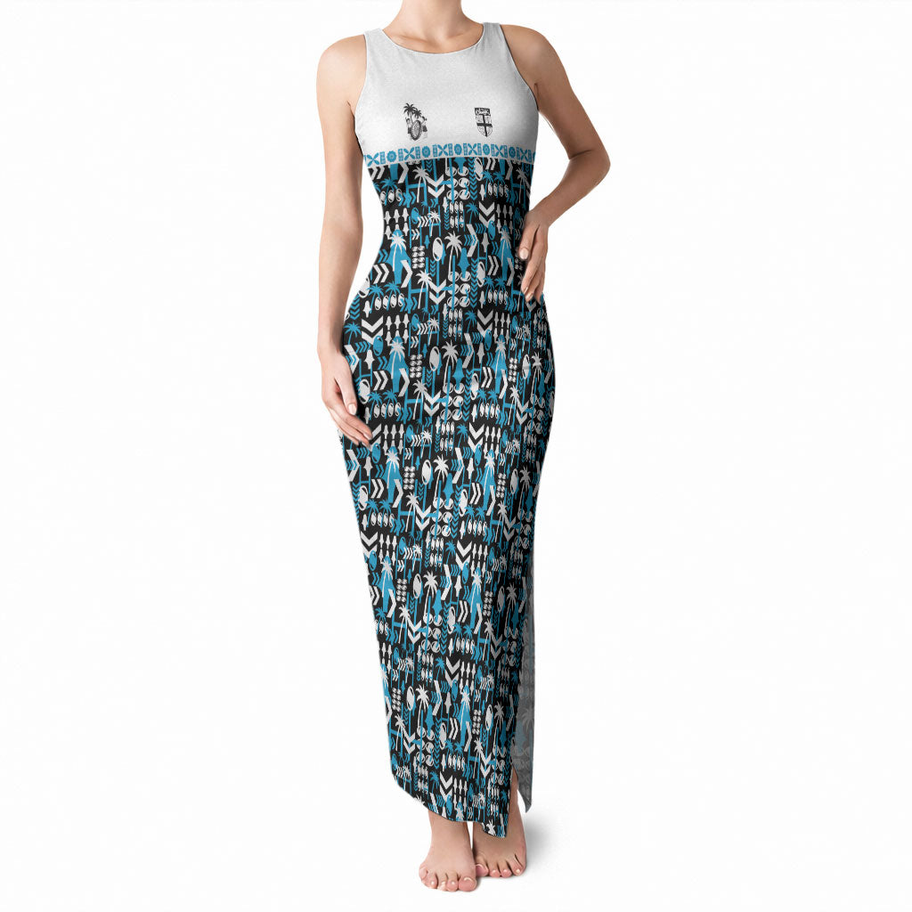 Fiji Bati Tank Maxi Dress Bati Island Warrior Geometry LT9 Women Blue - Polynesian Pride