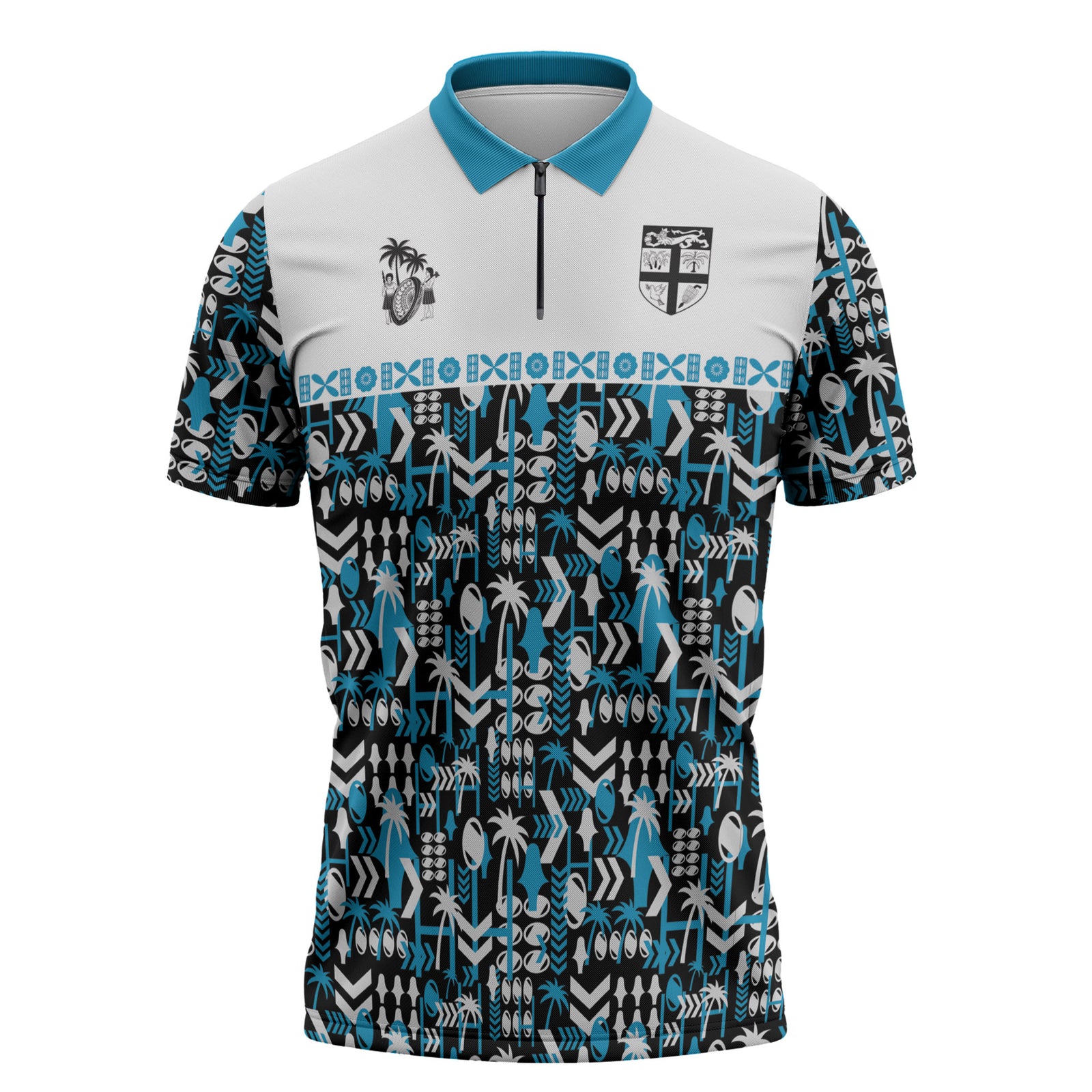 Fiji Bati Zipper Polo Shirt Bati Island Warrior Geometry LT9 Blue - Polynesian Pride