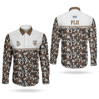Fiji Bati Couples Matching Puletasi and Long Sleeve Button Shirt Masi-inspired Tapa Pattern