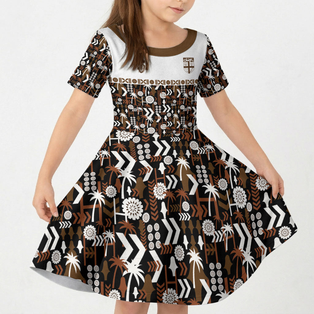 Fiji Bati Kid Short Sleeve Dress Masi-inspired Tapa Pattern LT9 KID Brown - Polynesian Pride