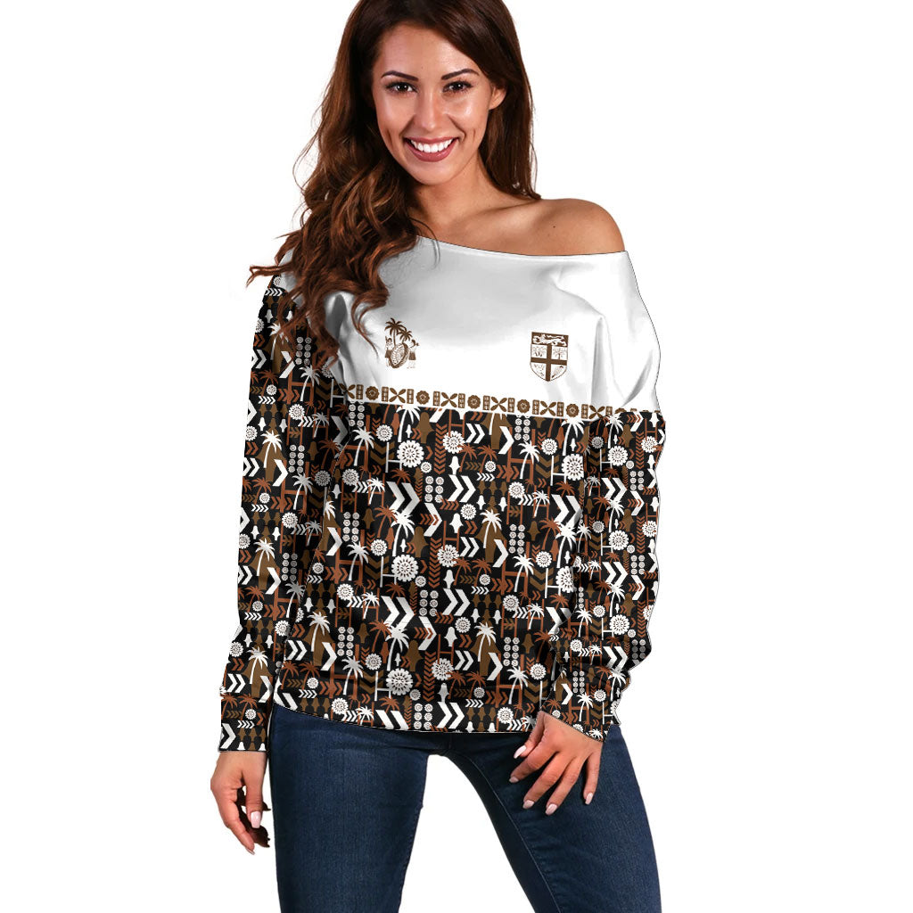 Fiji Bati Off Shoulder Sweater Masi-inspired Tapa Pattern LT9 Women Brown - Polynesian Pride