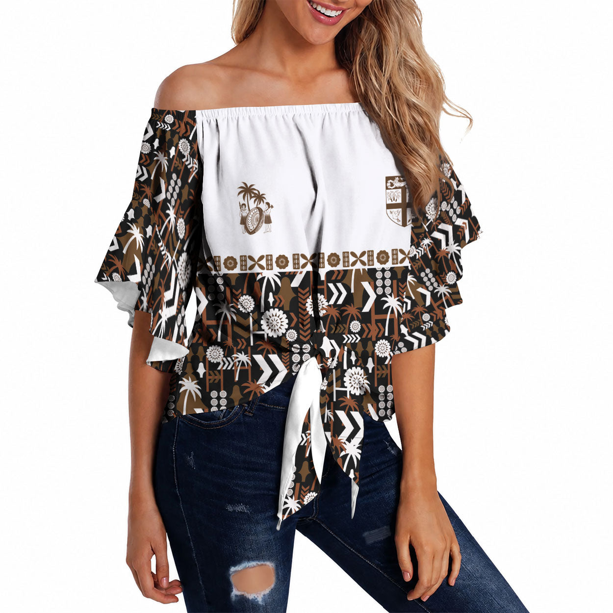Fiji Bati Off Shoulder Wrap Waist Top Masi-inspired Tapa Pattern LT9 Brown - Polynesian Pride