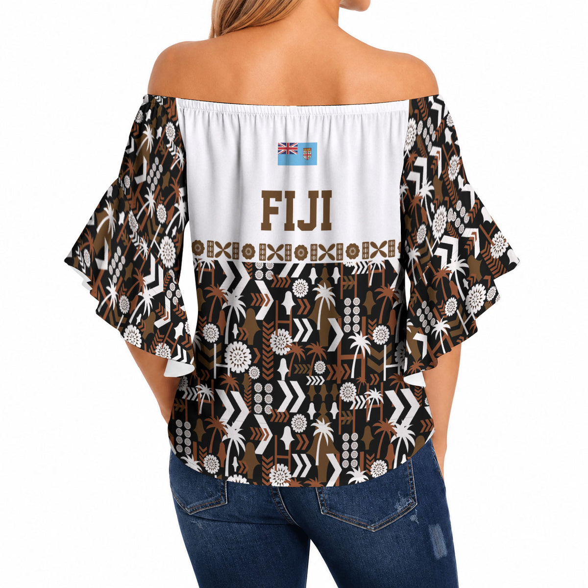 Fiji Bati Off Shoulder Wrap Waist Top Masi-inspired Tapa Pattern
