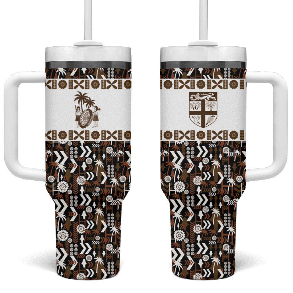 Fiji Bati Tumbler With Handle Masi-inspired Tapa Pattern LT9 One Size: 40 oz Brown - Polynesian Pride