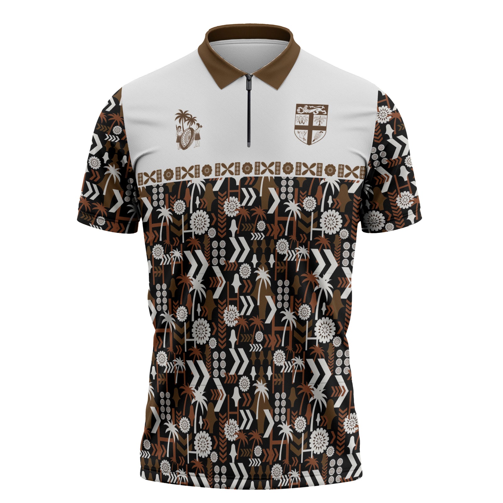 Fiji Bati Zipper Polo Shirt Masi-inspired Tapa Pattern LT9 Brown - Polynesian Pride