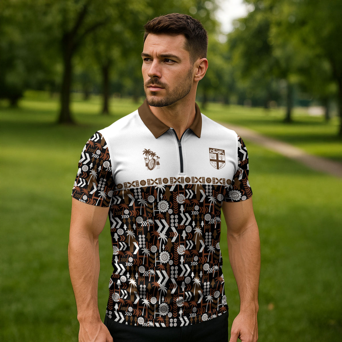 Fiji Bati Zipper Polo Shirt Masi-inspired Tapa Pattern
