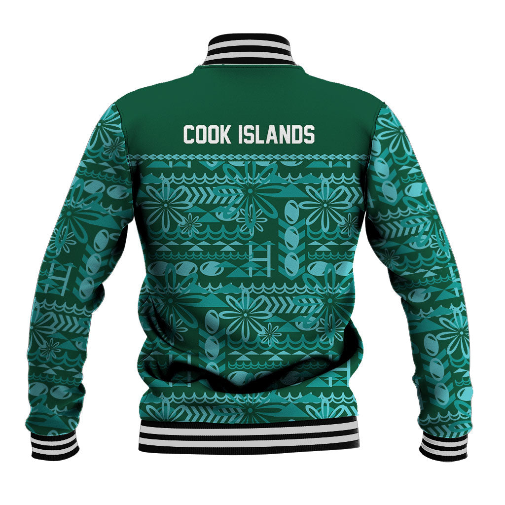 Cook Islands Island Floral Baseball Jacket Teal Traditional Kuki's Geometric Pattern