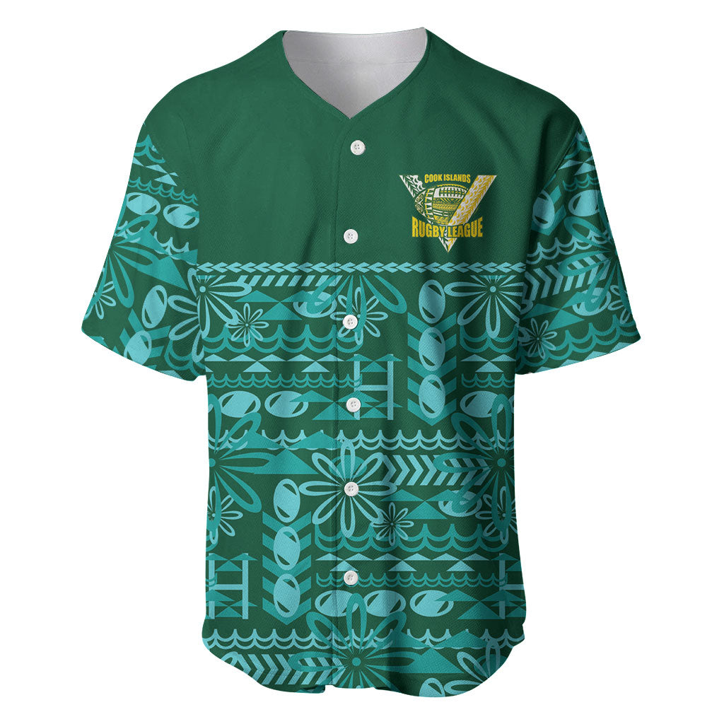 Cook Islands Island Floral Baseball Jersey Teal Traditional Kuki's Geometric Pattern LT9 Teal - Polynesian Pride
