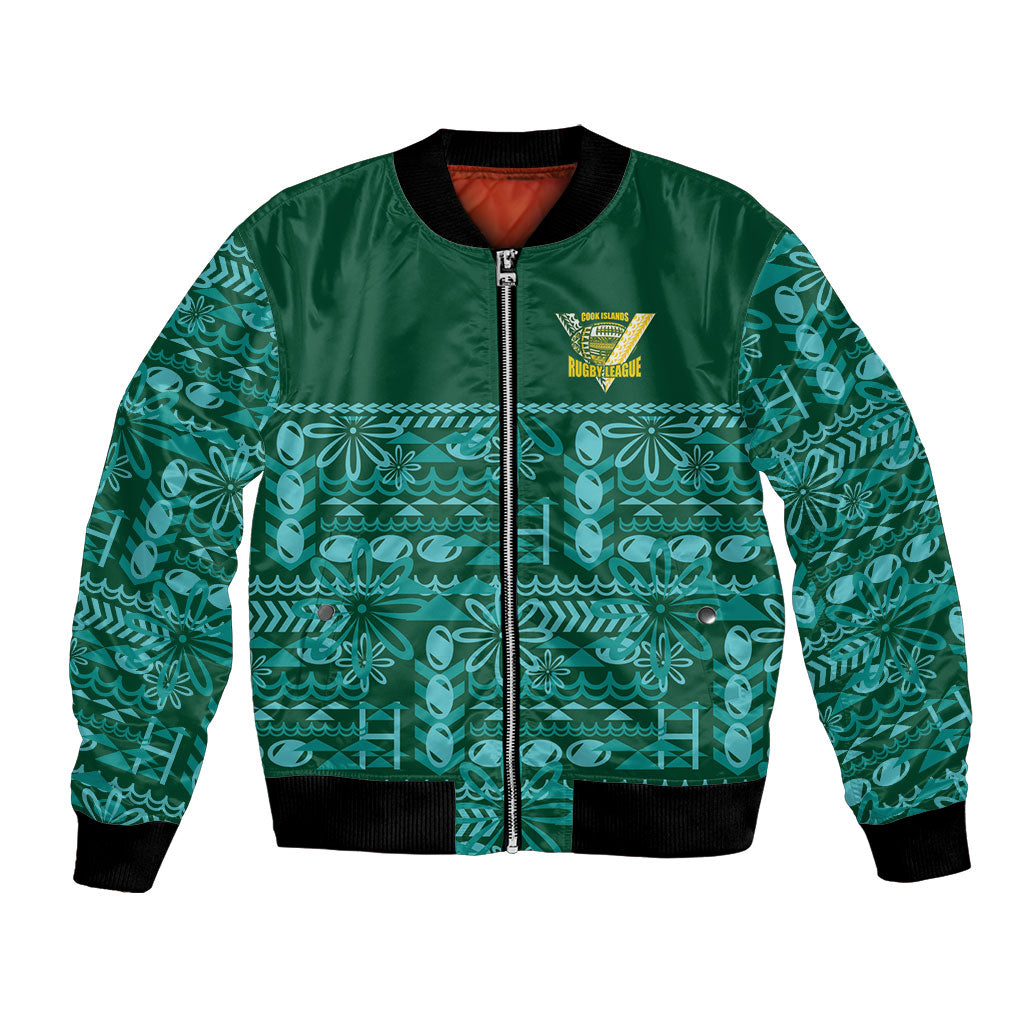 Cook Islands Island Floral Bomber Jacket Teal Traditional Kuki's Geometric Pattern LT9 Unisex Teal - Polynesian Pride