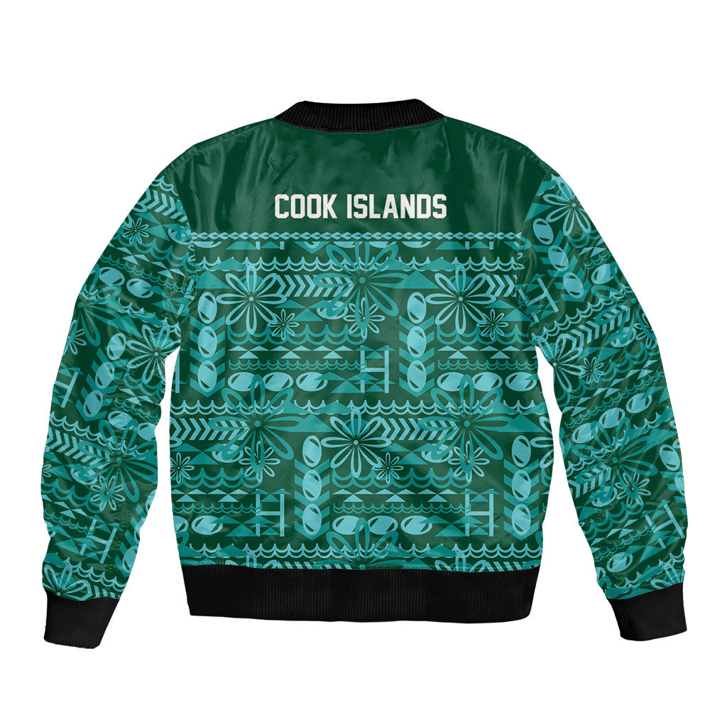 Cook Islands Island Floral Bomber Jacket Teal Traditional Kuki's Geometric Pattern LT9 - Polynesian Pride