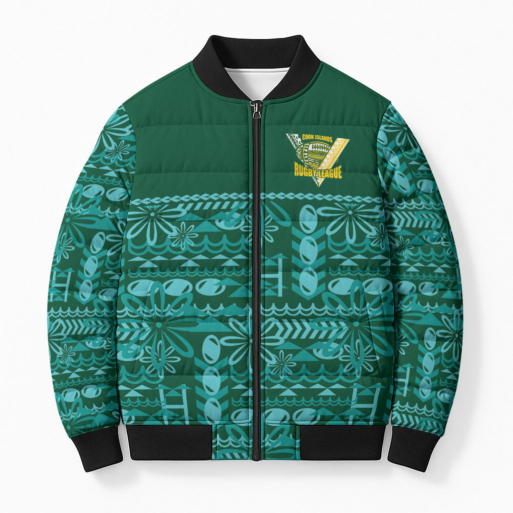 Cook Islands Island Floral Bomber Puffer Jacket Teal Traditional Kuki's Geometric Pattern LT9 Unisex Teal - Polynesian Pride
