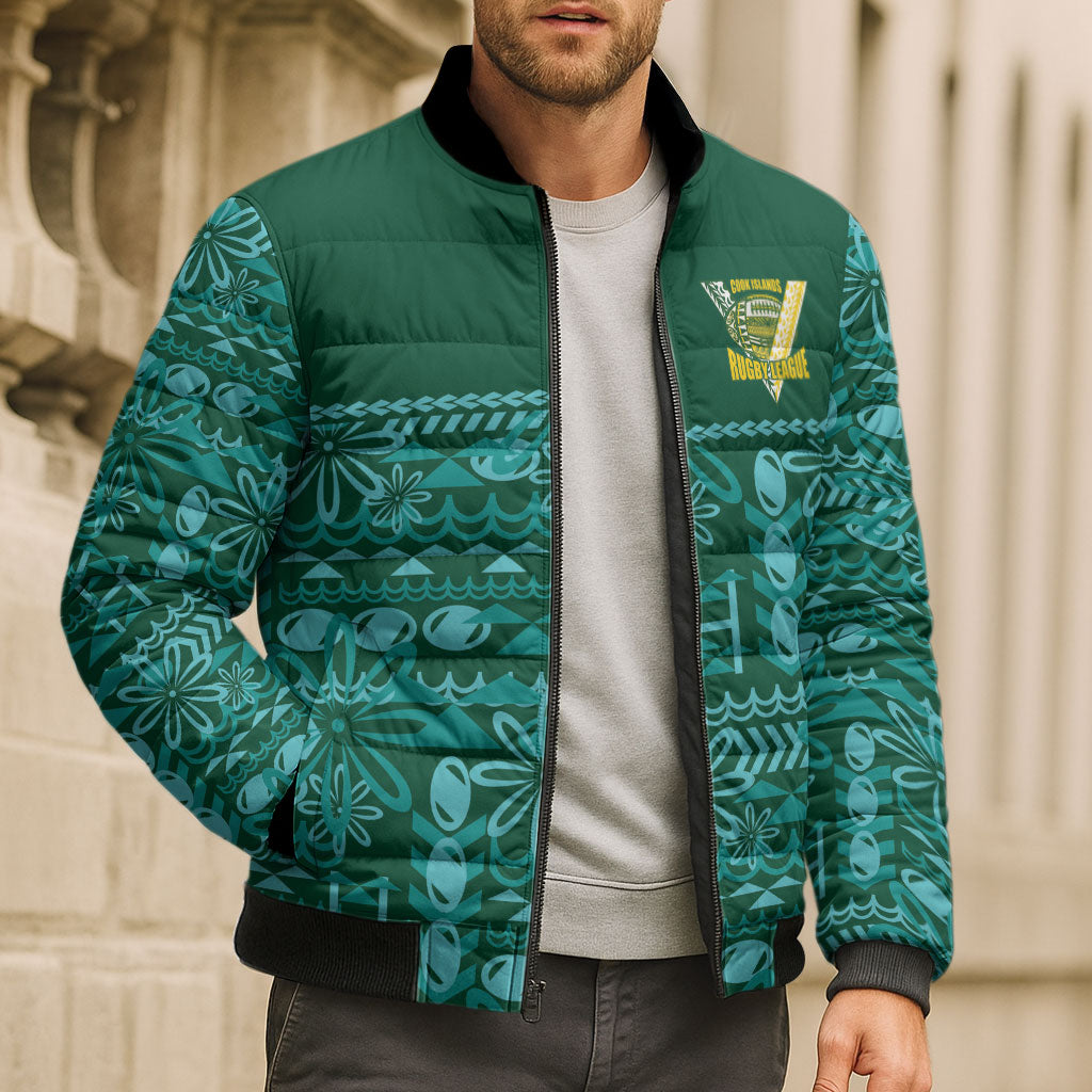 Cook Islands Island Floral Bomber Puffer Jacket Teal Traditional Kuki's Geometric Pattern LT9 - Polynesian Pride