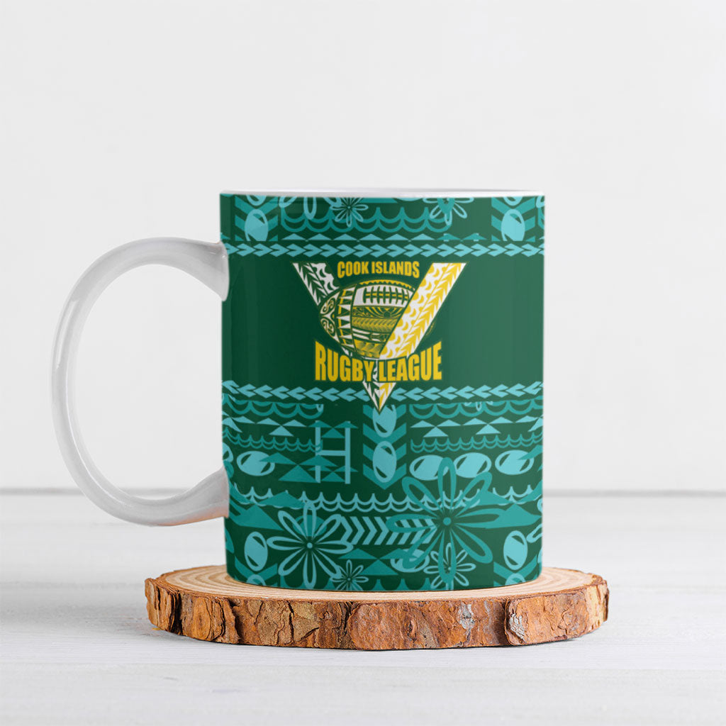 Cook Islands Island Floral Ceramic Mug Teal Traditional Kuki's Geometric Pattern